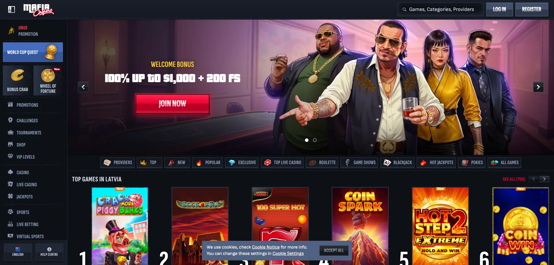 Mafia Casino NZ overview homepage for New Zealand players