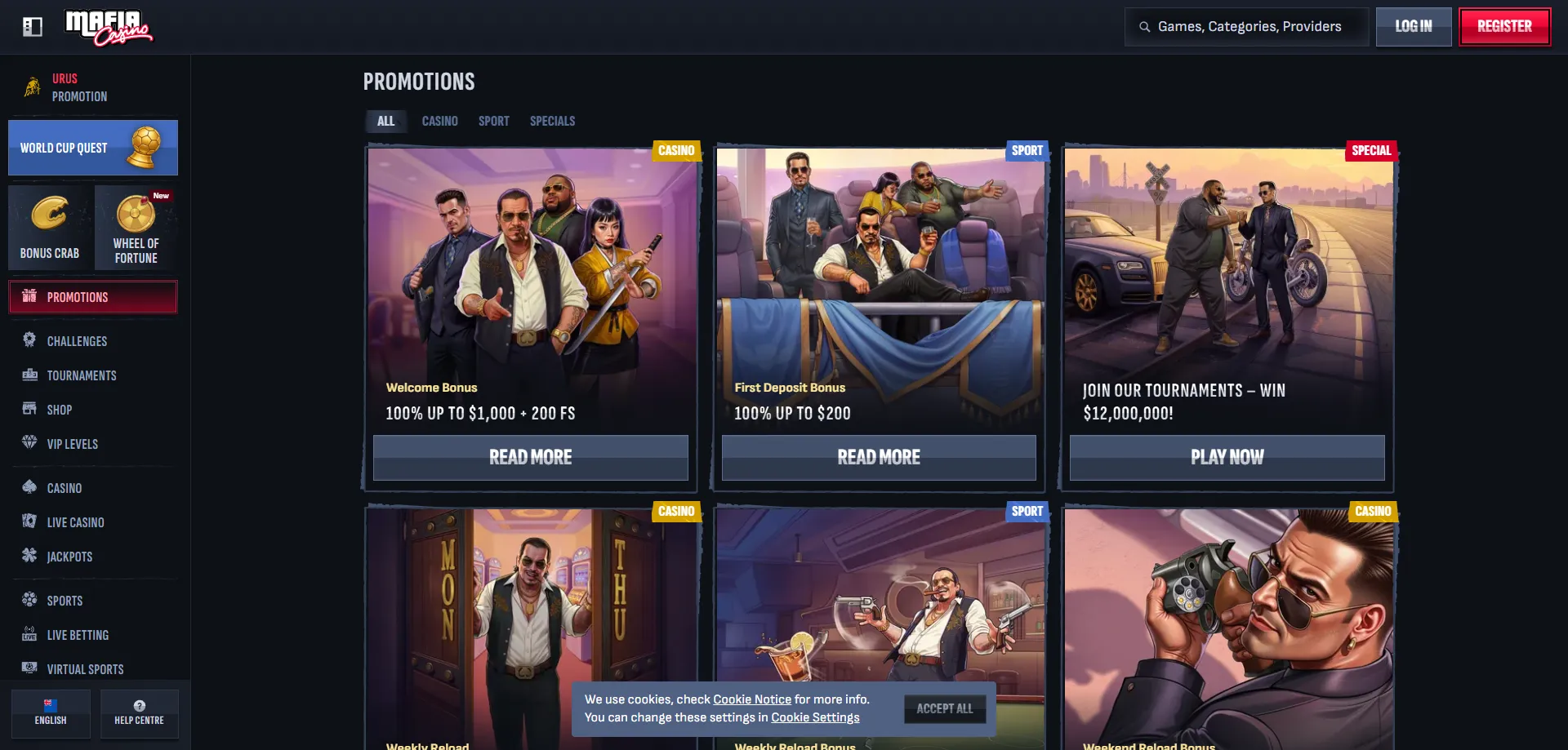 Mafia Casino welcome bonus and free spins promotion for NZ players